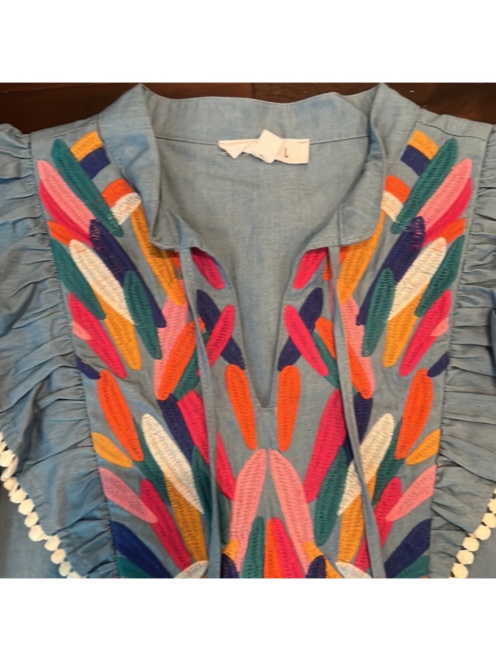 THML chambray Embroidered Ruffle top - Picture 2 of 5